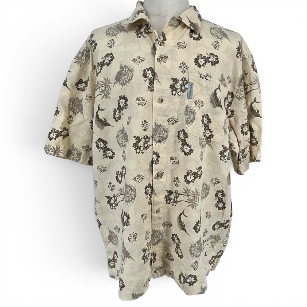 Columbia Mens XL Linen Cotton‎ Tropical Marlin Palm Tree Button Down Shirt Tan